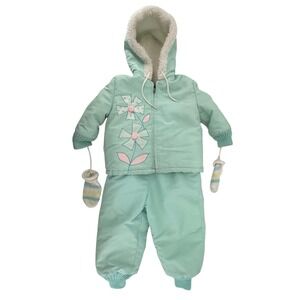 VTG Baby Girl Snowsuit Set Jacket Pants Sherpa Lined Size 2T Mittens Casual Time